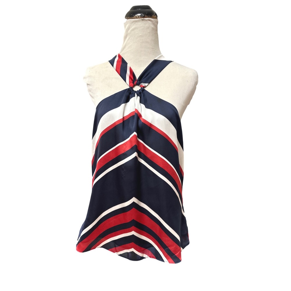 Chaps Womens Navy Red White Stripe O-Ring Halter Top Tie Back Blouse Medium
